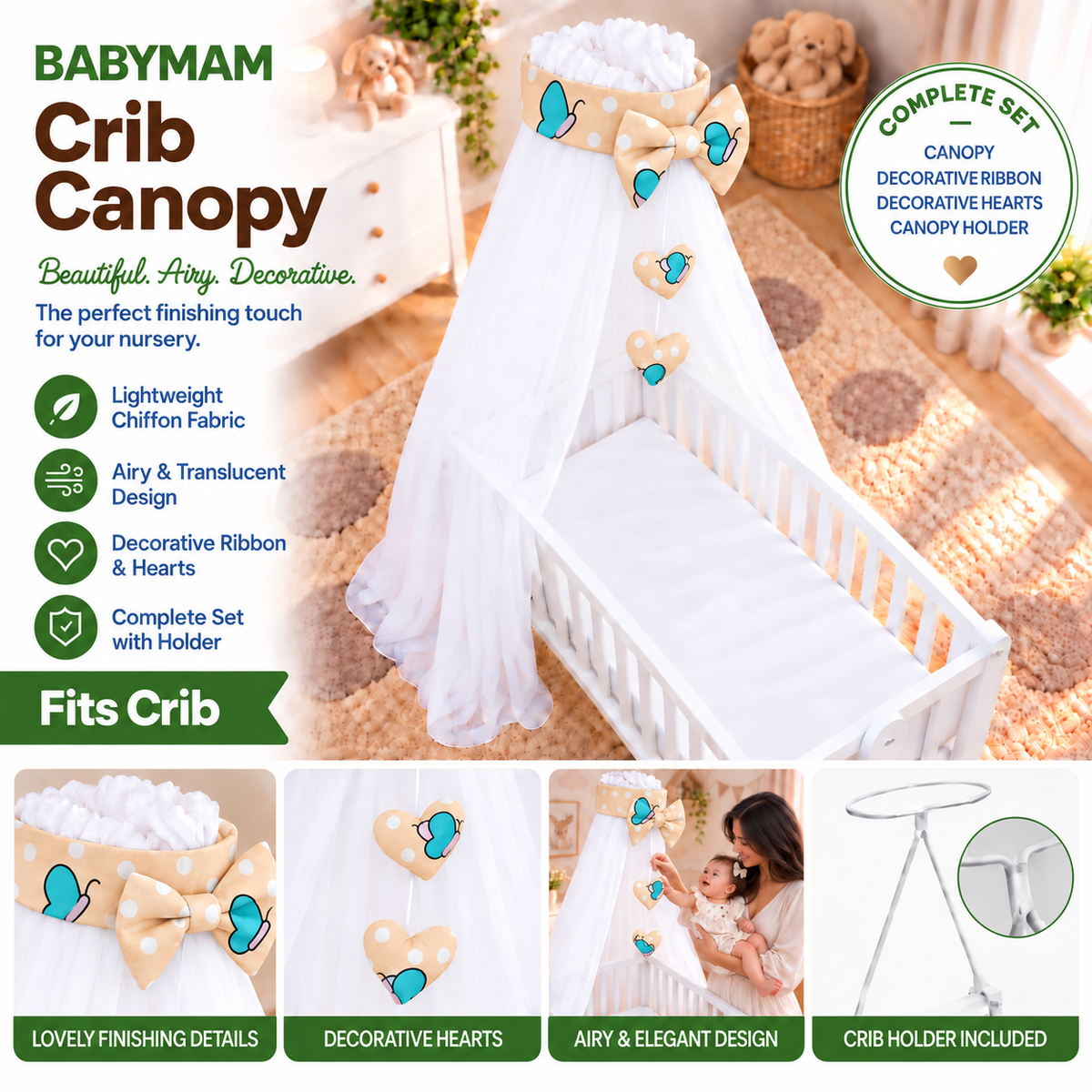 Baby Crib Canopy Mosquito Net with Holder, Decorative Bow & Hanging Hearts – Sheep ecru
