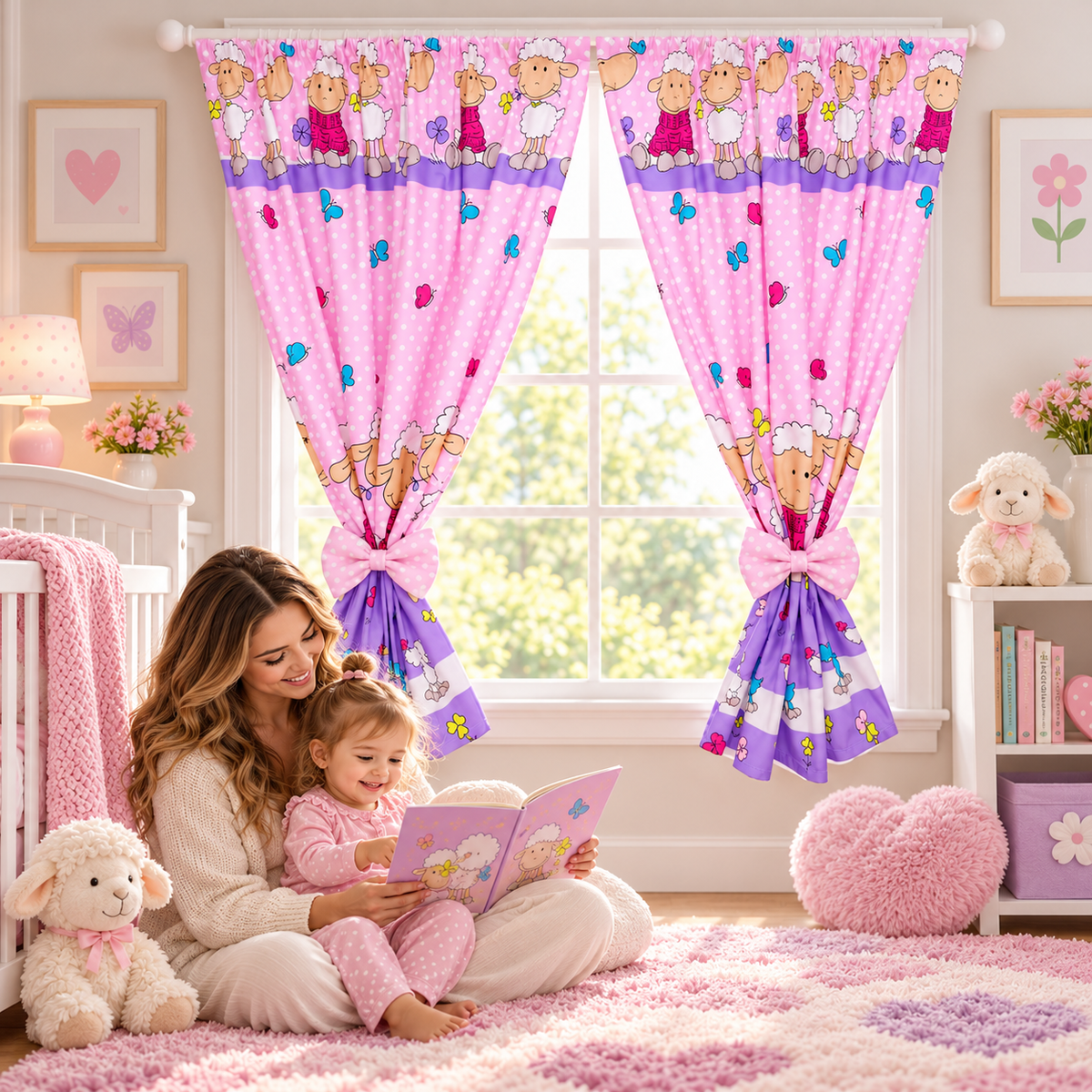 Nursery Curtains for Babies & Toddler's Bedroom Window Sheep pink