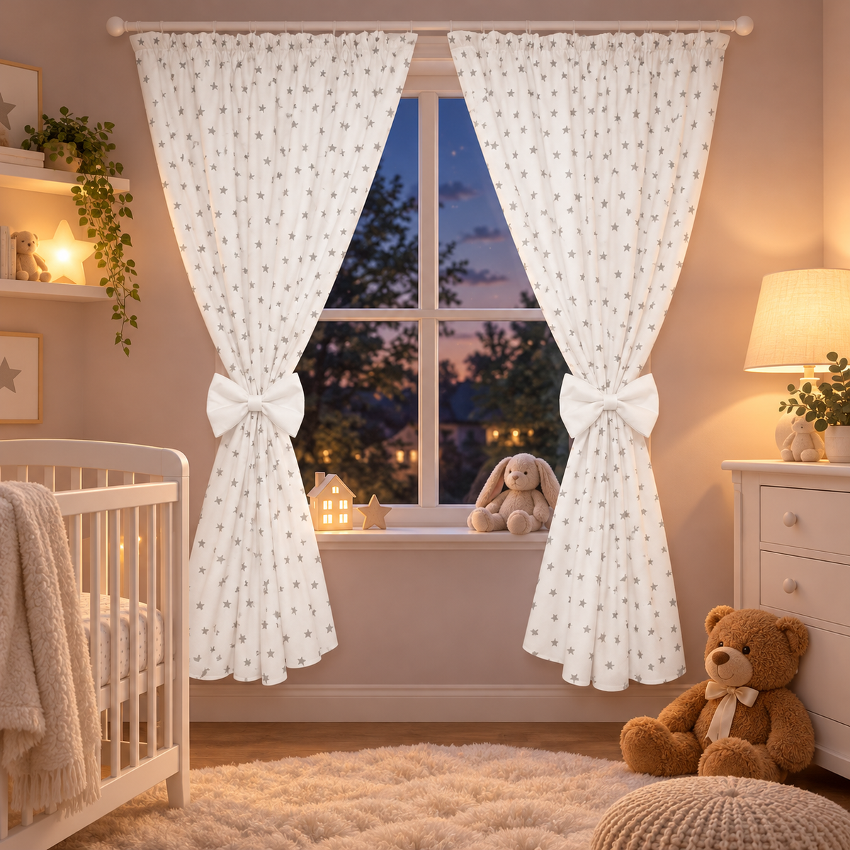 Nursery Curtains for Babies & Toddler's Bedroom Small grey stars on white