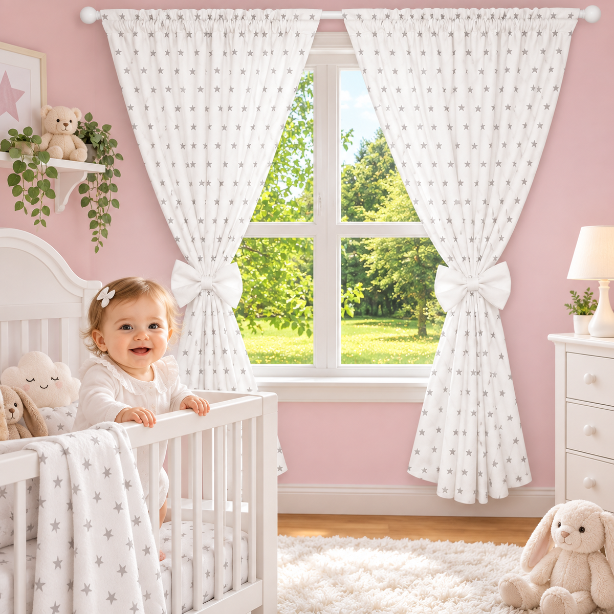 Nursery Curtains for Babies & Toddler's Bedroom Small grey stars on white