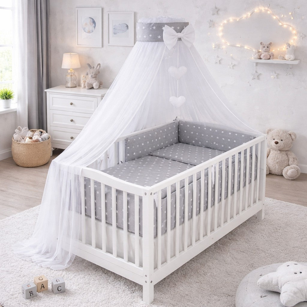 10PC Baby Bedding Set 100% Cotton Fit Cot 120x60cm Small White Stars On Grey