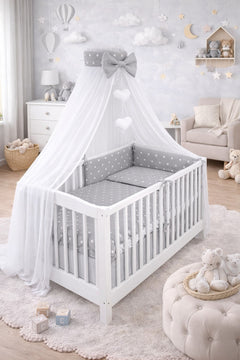 Baby Bedding Set 10Pc Fit Cot Bed 140x70cm - Small White Stars On Grey - MyHappy Baby