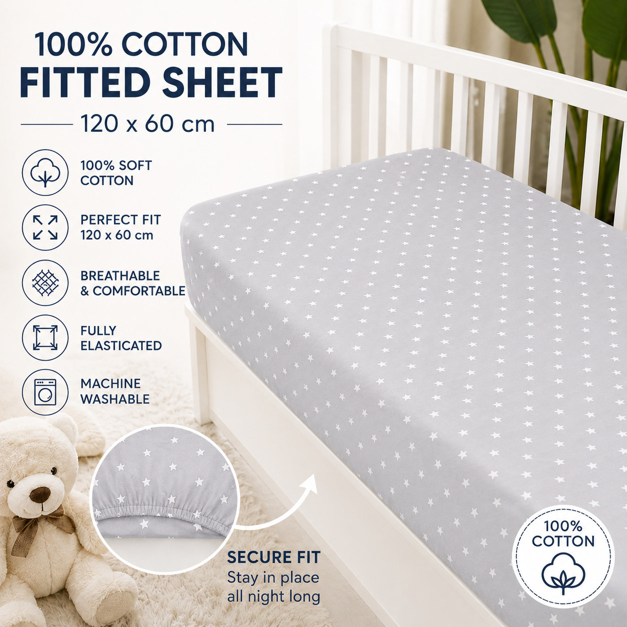 Baby Fitted Cot Sheet Printed Design 100% Cotton Mattress 120X60 cm Small White Stars On Grey - MyHappy Baby