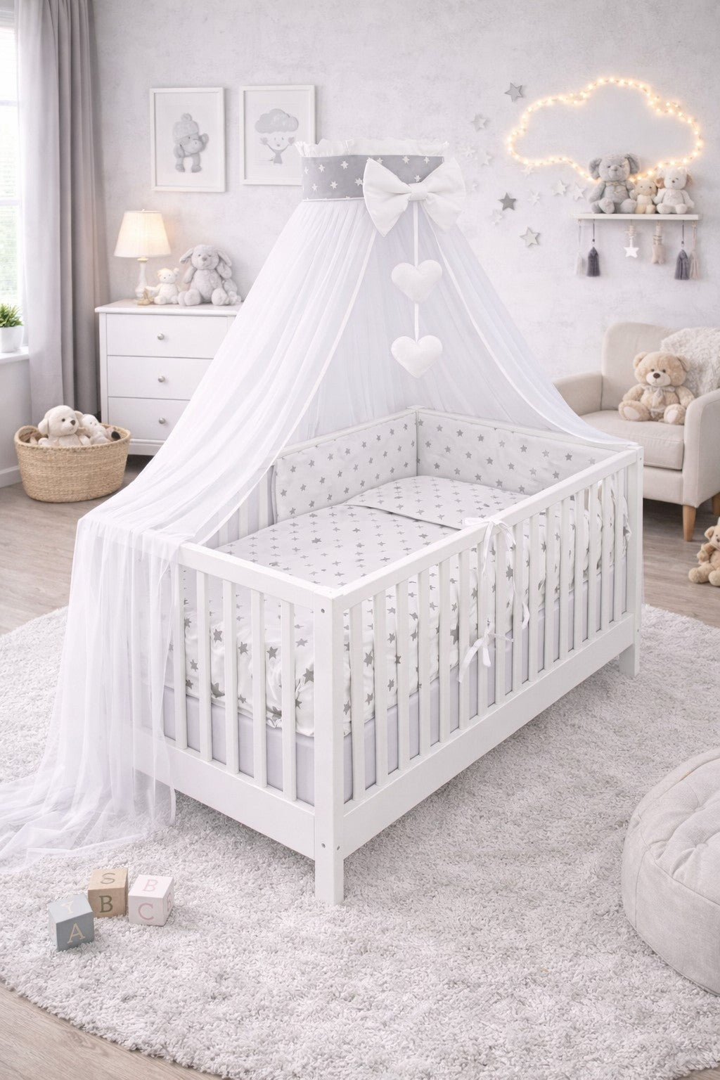 10Pcs Baby Bedding Set 100% Cotton Fit Cot 120x60cm Small Grey Stars On White