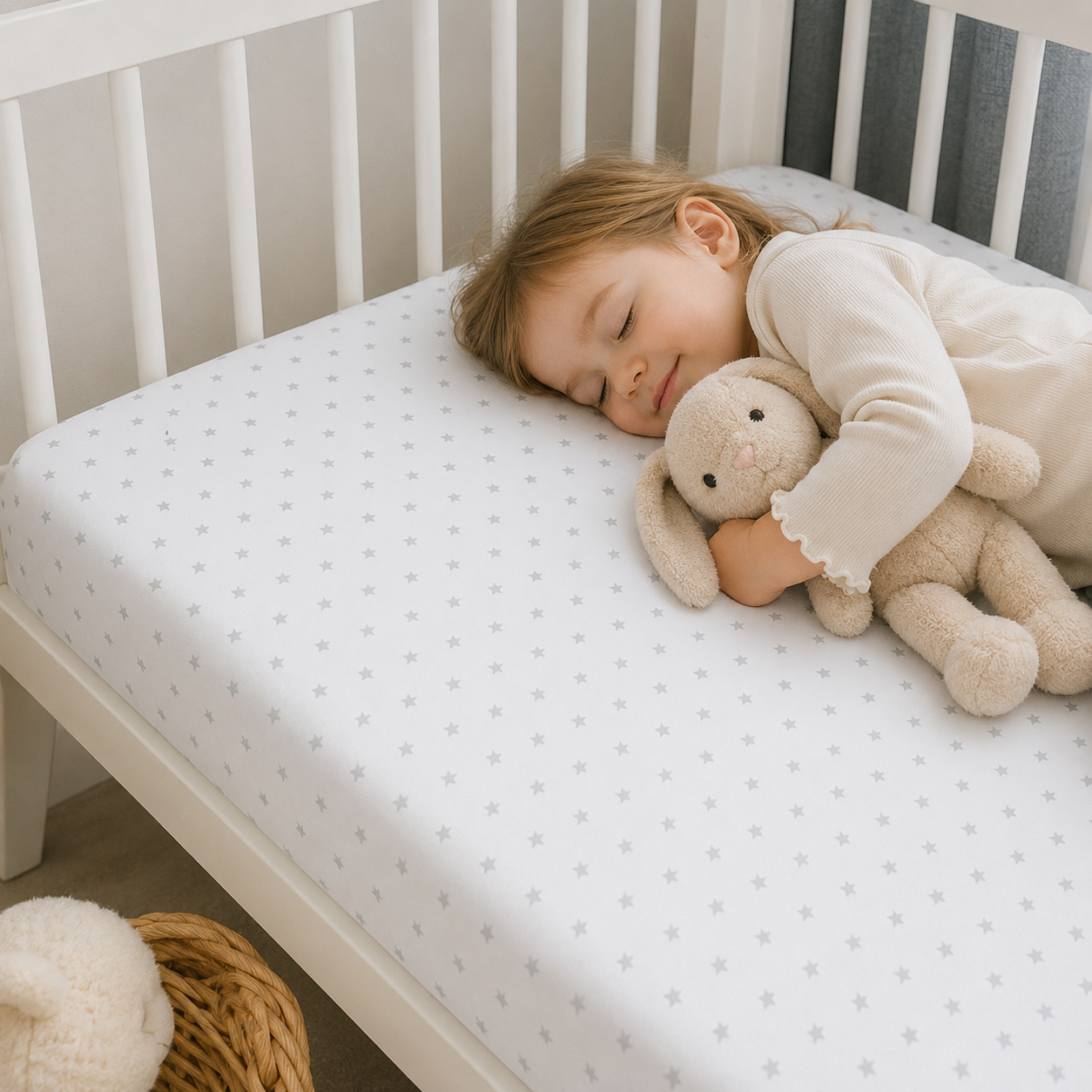 BABYMAM 4 Pack Cot Fitted Sheets 120x60 cm, 100% Organic Jersey Cotton Baby Cot Sheets, Soft Breathable Baby Bedding, Elasticated Mattress Covers (Small Stars with White)