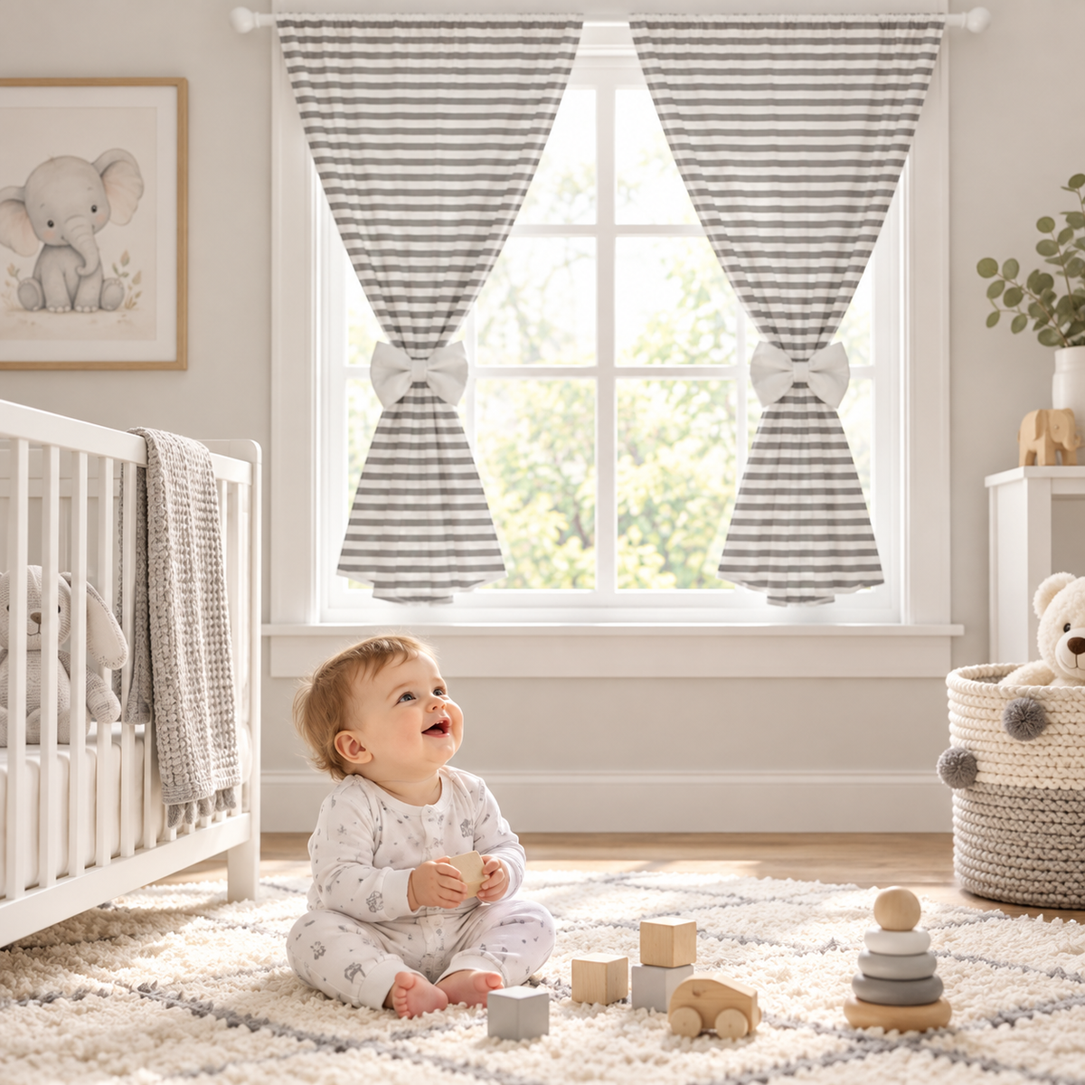 Nursery Curtains for Babies & Toddler's Bedroom Stripes grey