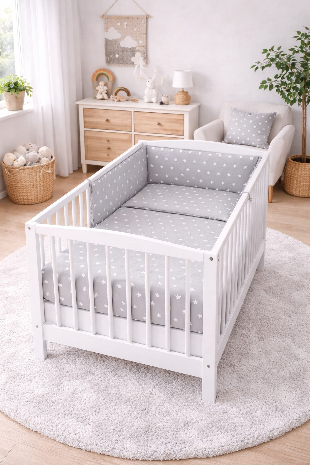 Baby 3Pc Bedding Set Pillow Duvet Bumper Fit Cot 120x60cm Small White Star On Grey - MyHappy Baby