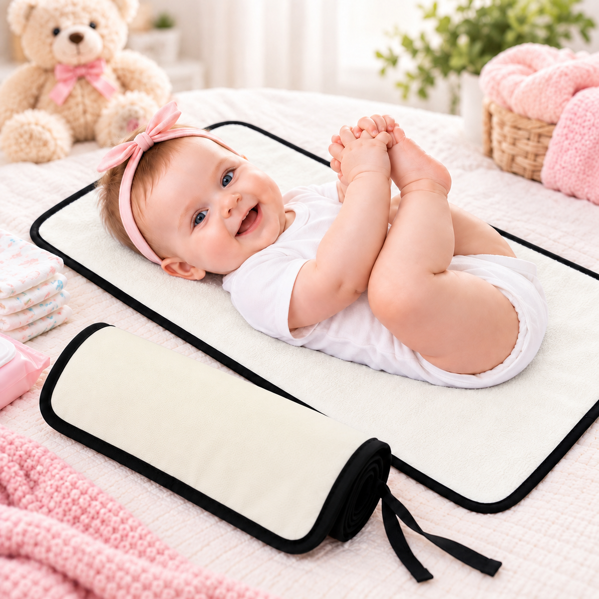 Portable Baby Changing Mat  Waterproof, Reversible & Foldable Travel Nappy Changing Pad (Ecru)