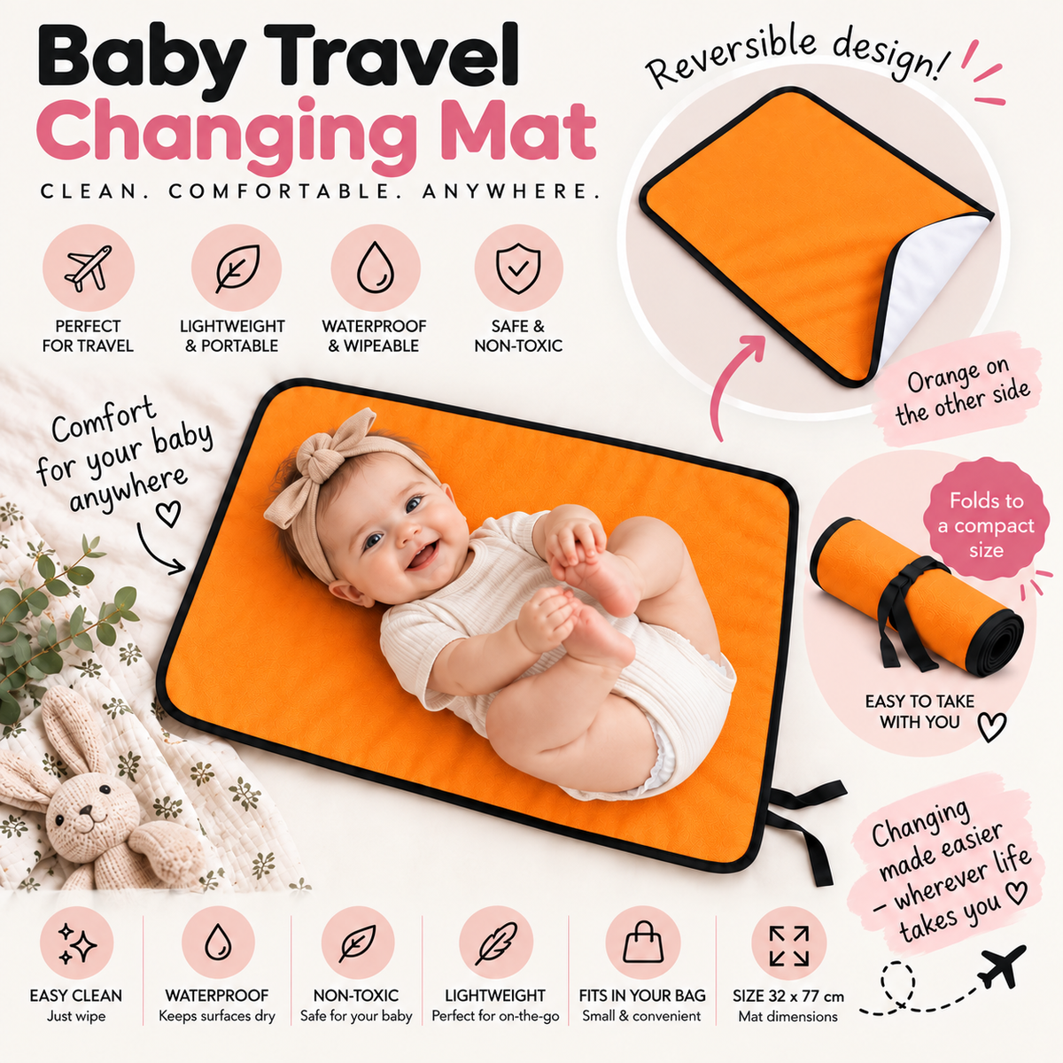 Portable Baby Changing Mat  Waterproof, Reversible & Foldable Travel Nappy Changing Pad (Orange)
