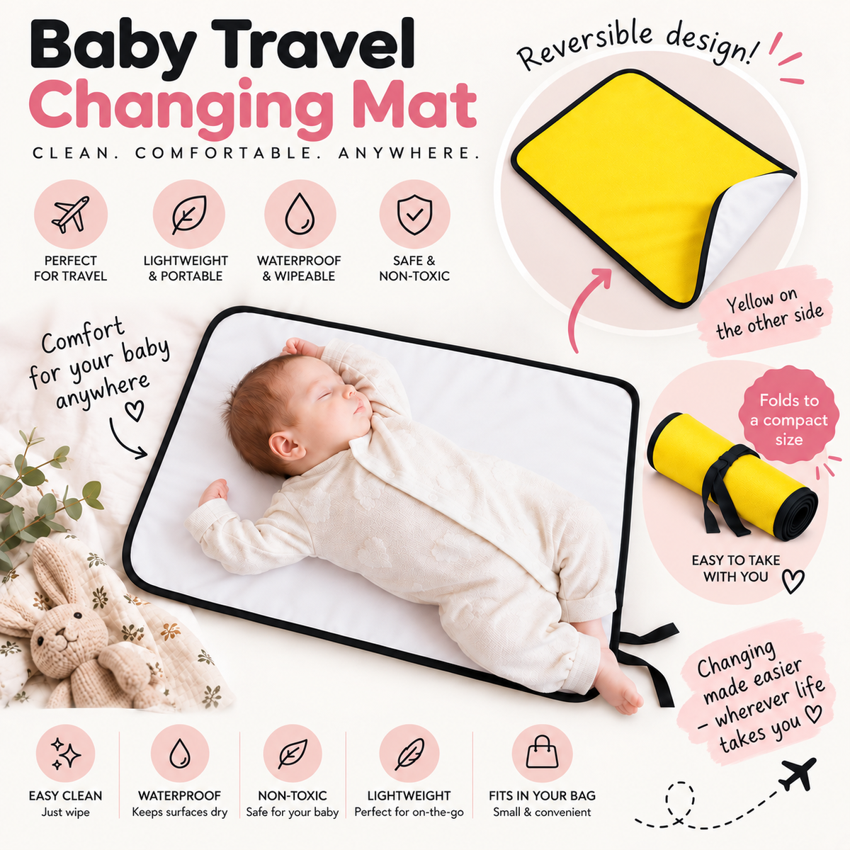 Portable Baby Changing Mat  Waterproof, Reversible & Foldable Travel Nappy Changing Pad (Yellow)