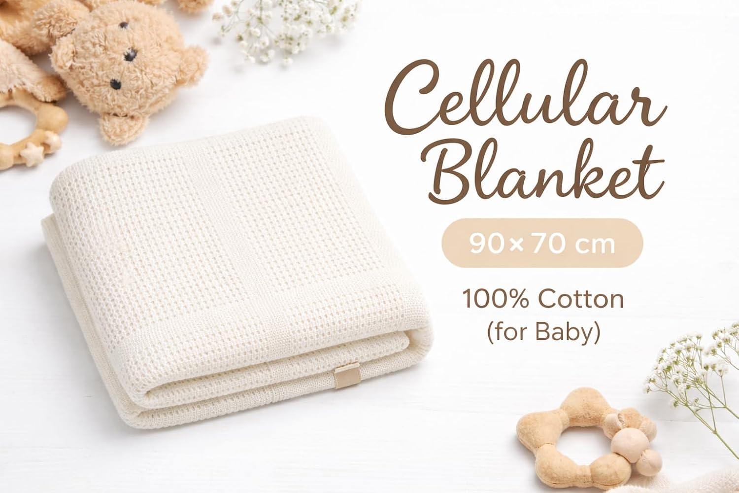 Cellular Baby Blanket 90x70 cm, Safe Nights, Organic 100% Cotton, Pack of 2, Breathable Newborn Blanket, Soft Nursery, Baby Bedding (White)