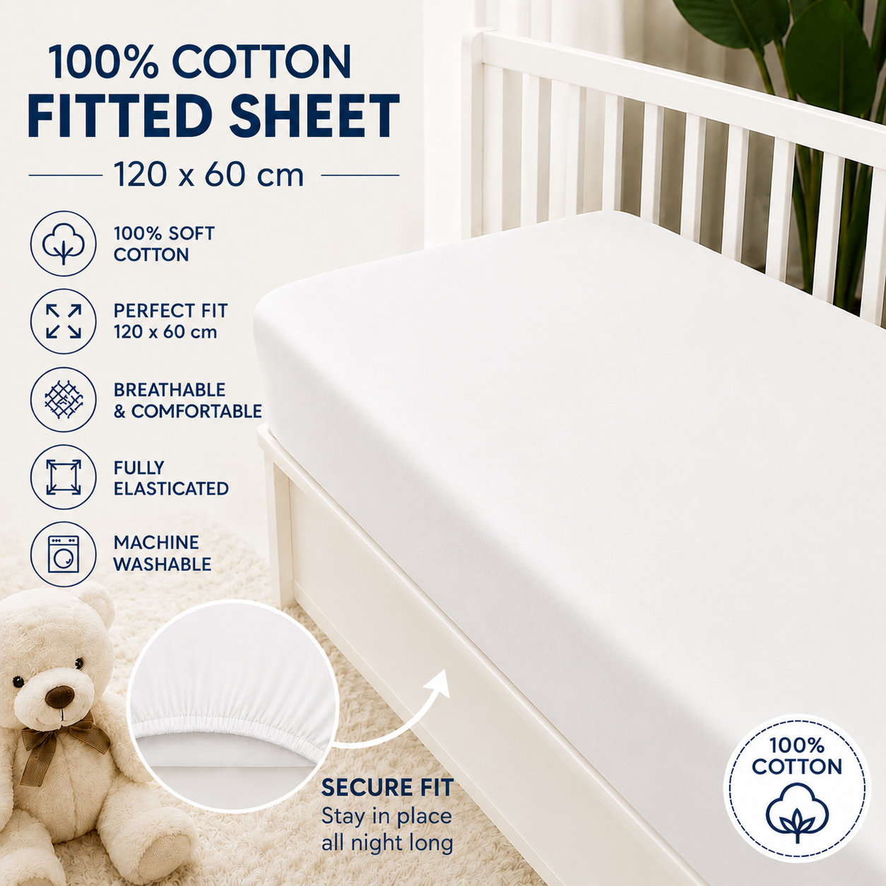 BABYMAM 4 Pack Cot Fitted Sheets 120x60 cm, 100% Organic Jersey Cotton Baby Cot Sheets, Soft Breathable Baby Bedding, Elasticated Mattress Covers (White)