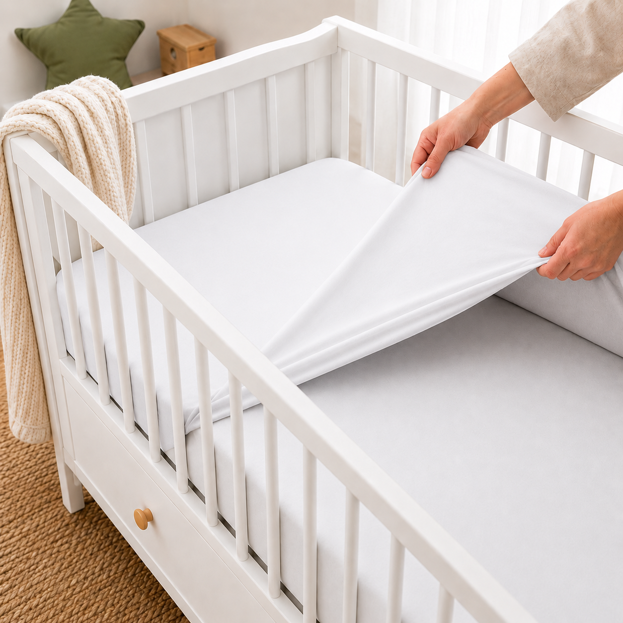 BABYMAM 4 Pack Cot Fitted Sheets 120x60 cm, 100% Organic Jersey Cotton Baby Cot Sheets, Soft Breathable Baby Bedding, Elasticated Mattress Covers (White)