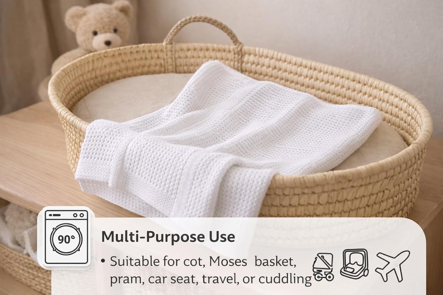 Cellular Baby Blanket 90x70 cm, Safe Nights, Organic 100% Cotton, Pack of 2, Breathable Newborn Blanket, Soft Nursery, Baby Bedding (White)