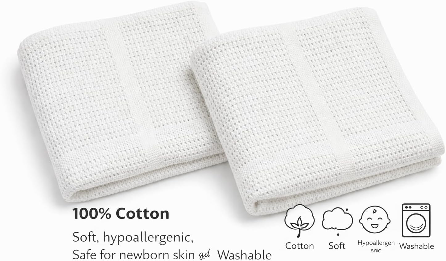 Cellular Baby Blanket 90x70 cm, Safe Nights, Organic 100% Cotton, Pack of 2, Breathable Newborn Blanket, Soft Nursery, Baby Bedding (White)