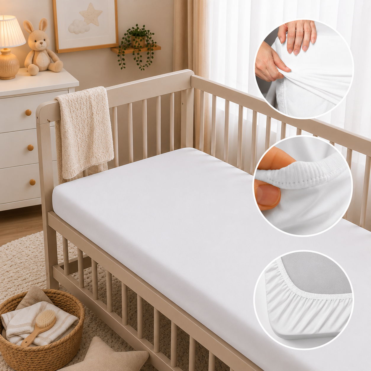 BABYMAM 4 Pack Cot Fitted Sheets 120x60 cm, 100% Organic Jersey Cotton Baby Cot Sheets, Soft Breathable Baby Bedding, Elasticated Mattress Covers (White)