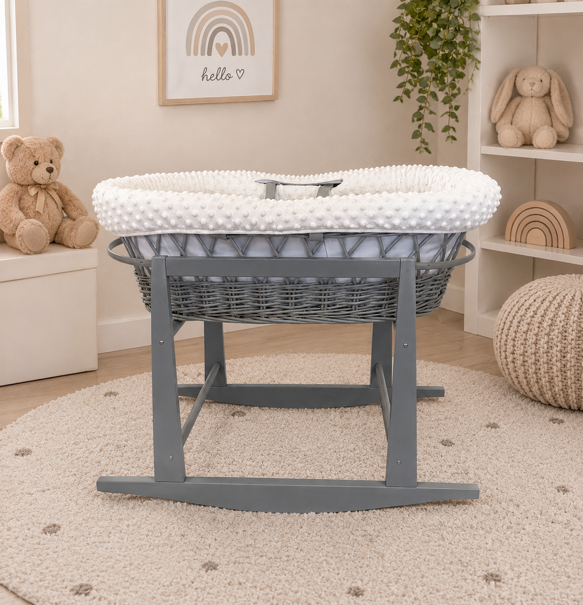 Grey Wicker Moses Basket with Rocking Stand Complete 5-Piece Set (White)