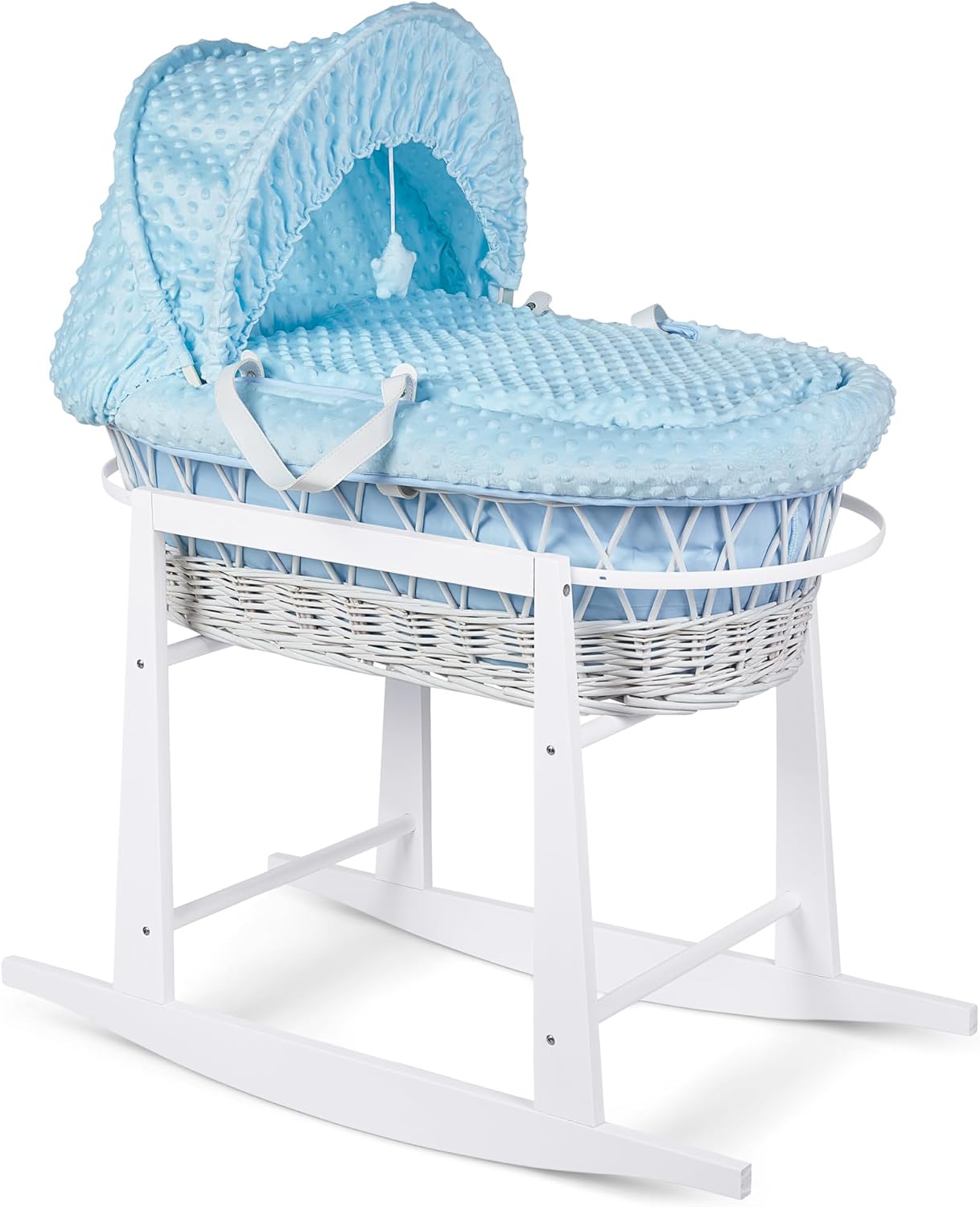 Luxury Moses Basket Padded Wicker Baby Full Set Rocking Stand White Handle/Blue