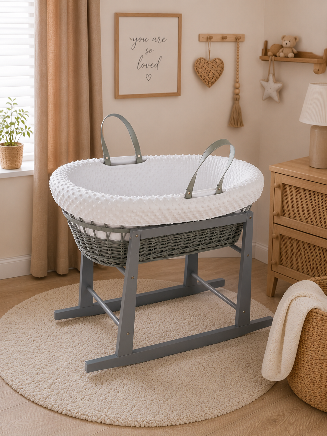 Grey Wicker Moses Basket with Rocking Stand Complete 5-Piece Set (White)