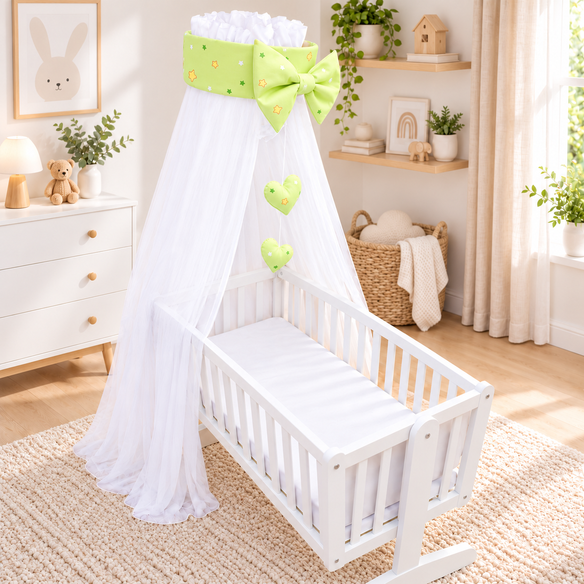 Baby Crib Canopy Mosquito Net with Holder, Decorative Bow & Hanging Hearts – Window green