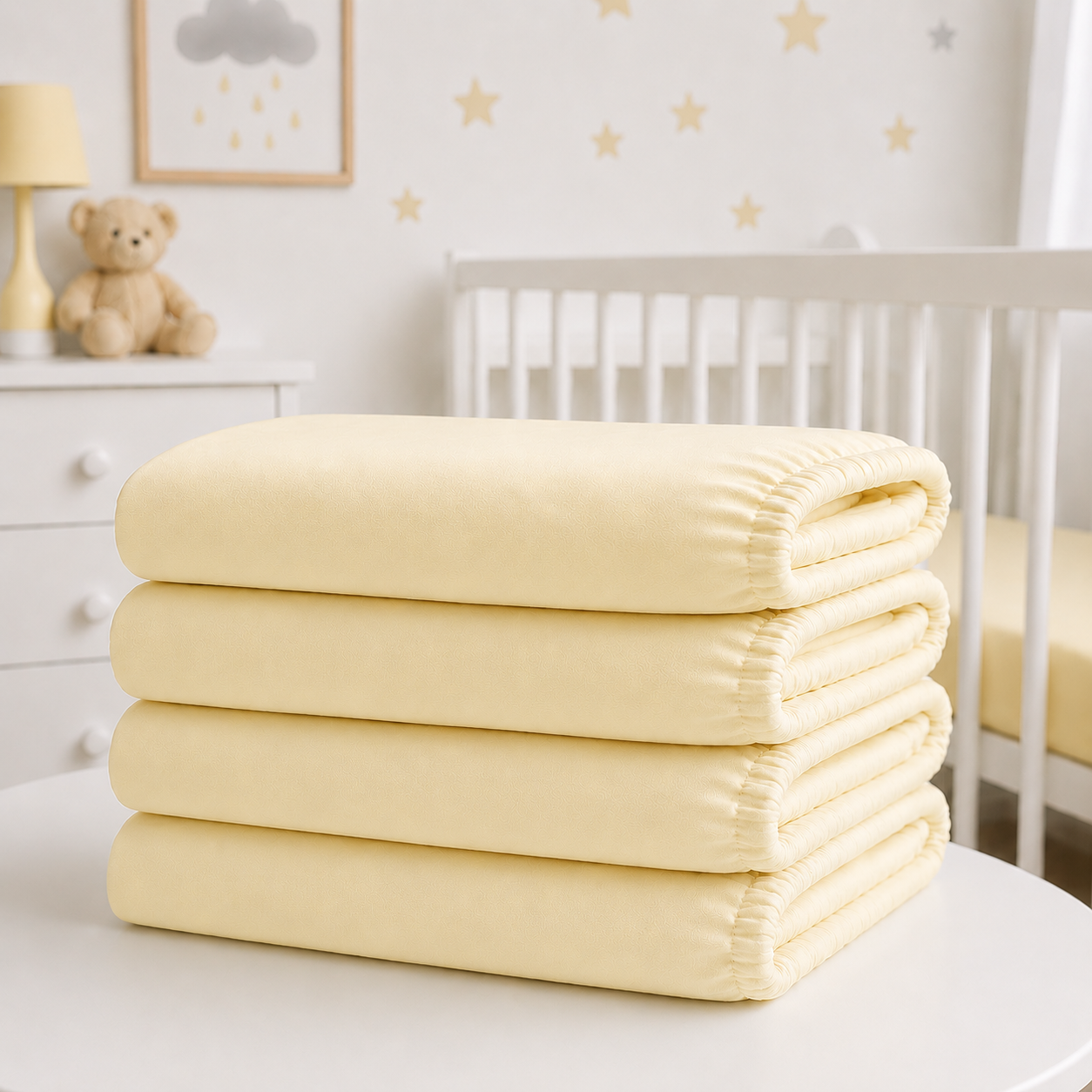 BABYMAM 4 Pack Cot Fitted Sheets 120x60 cm, 100% Organic Jersey Cotton Baby Cot Sheets, Soft Breathable Baby Bedding, Elasticated Mattress Covers (Yellow)