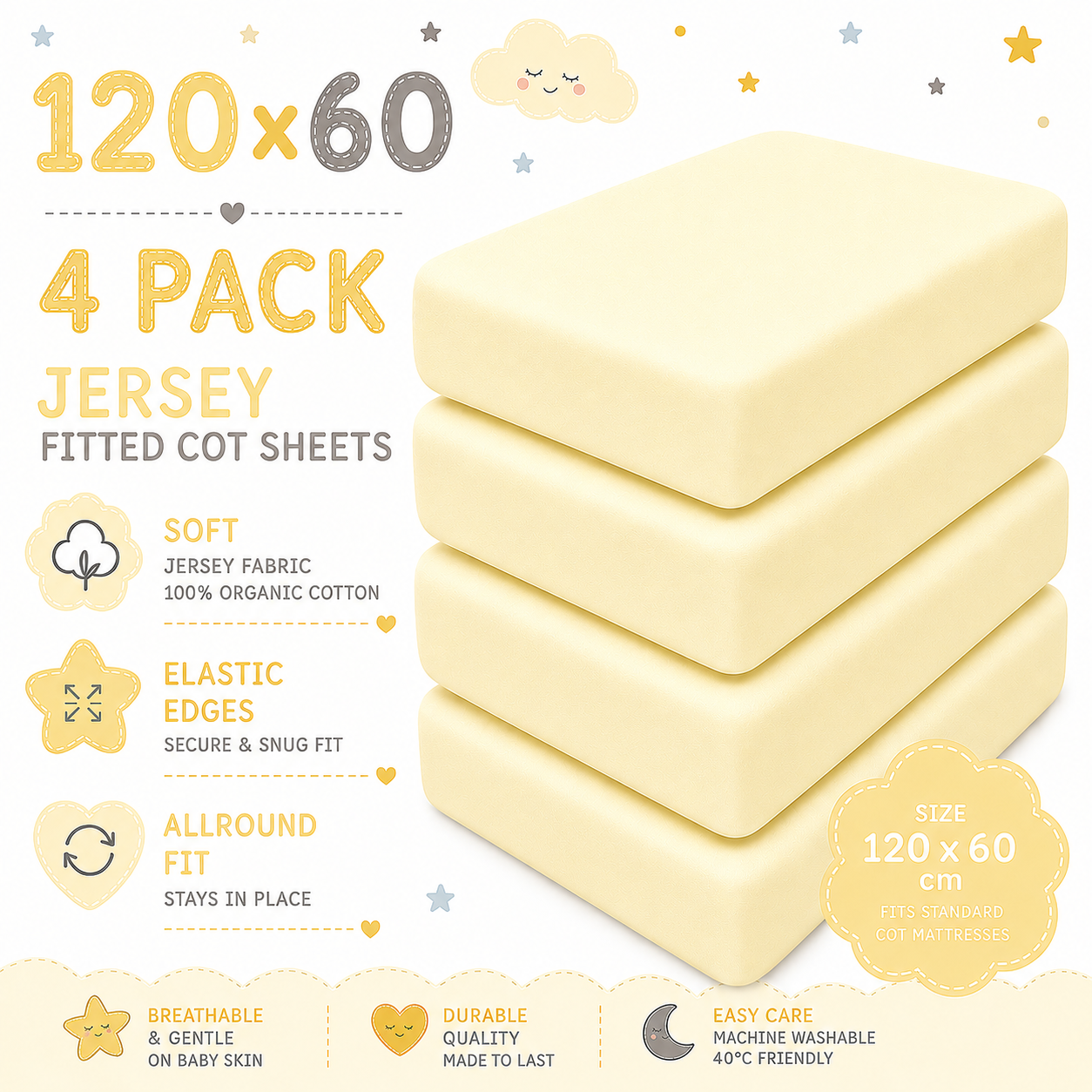 BABYMAM 4 Pack Cot Fitted Sheets 120x60 cm, 100% Organic Jersey Cotton Baby Cot Sheets, Soft Breathable Baby Bedding, Elasticated Mattress Covers (Yellow)