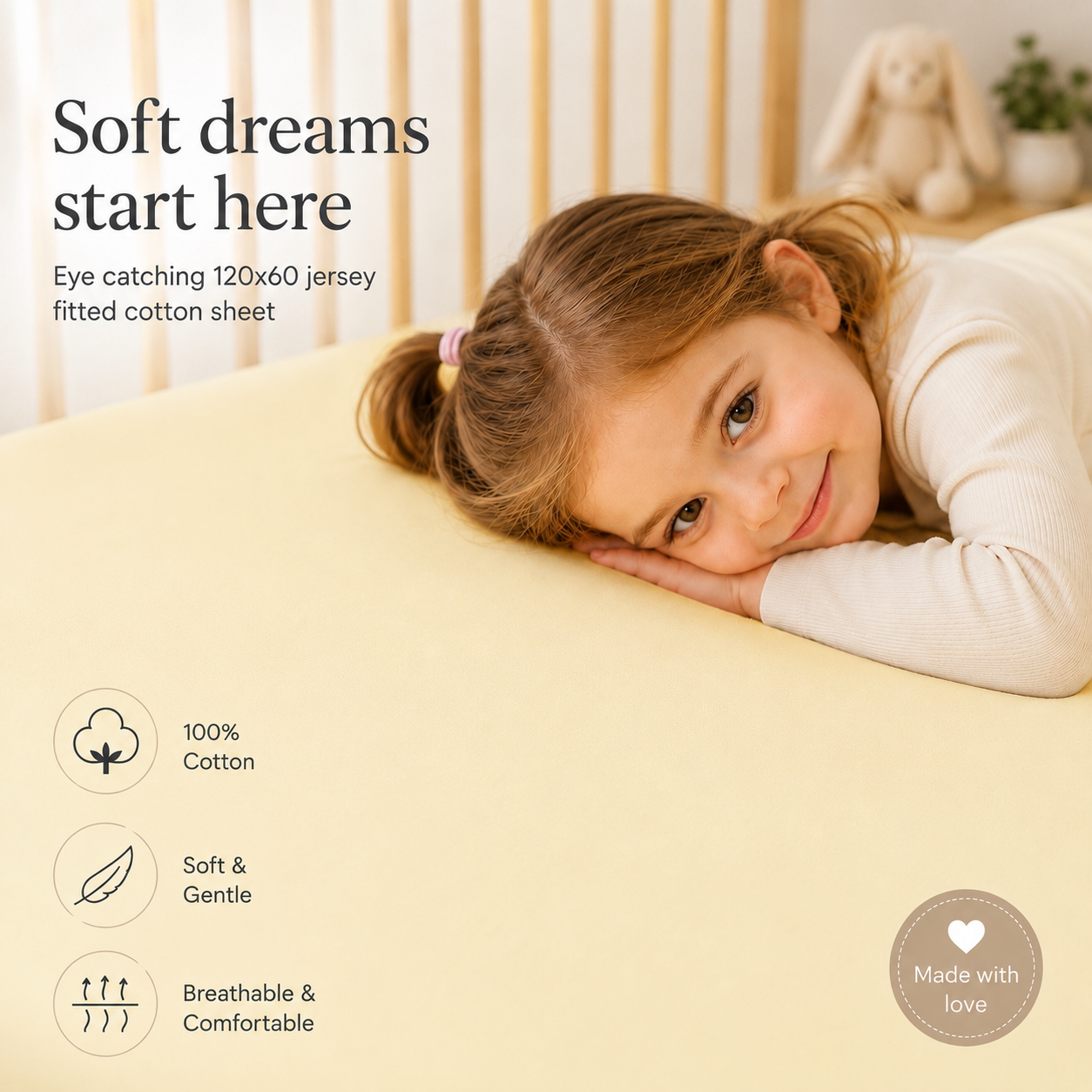 BABYMAM 4 Pack Cot Fitted Sheets 120x60 cm, 100% Organic Jersey Cotton Baby Cot Sheets, Soft Breathable Baby Bedding, Elasticated Mattress Covers (Yellow)