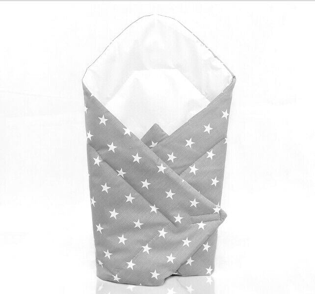 Baby Swaddle Wrap Newborn Bedding Blanket 100% Cotton Sleeping Bag Small White Stars On Grey