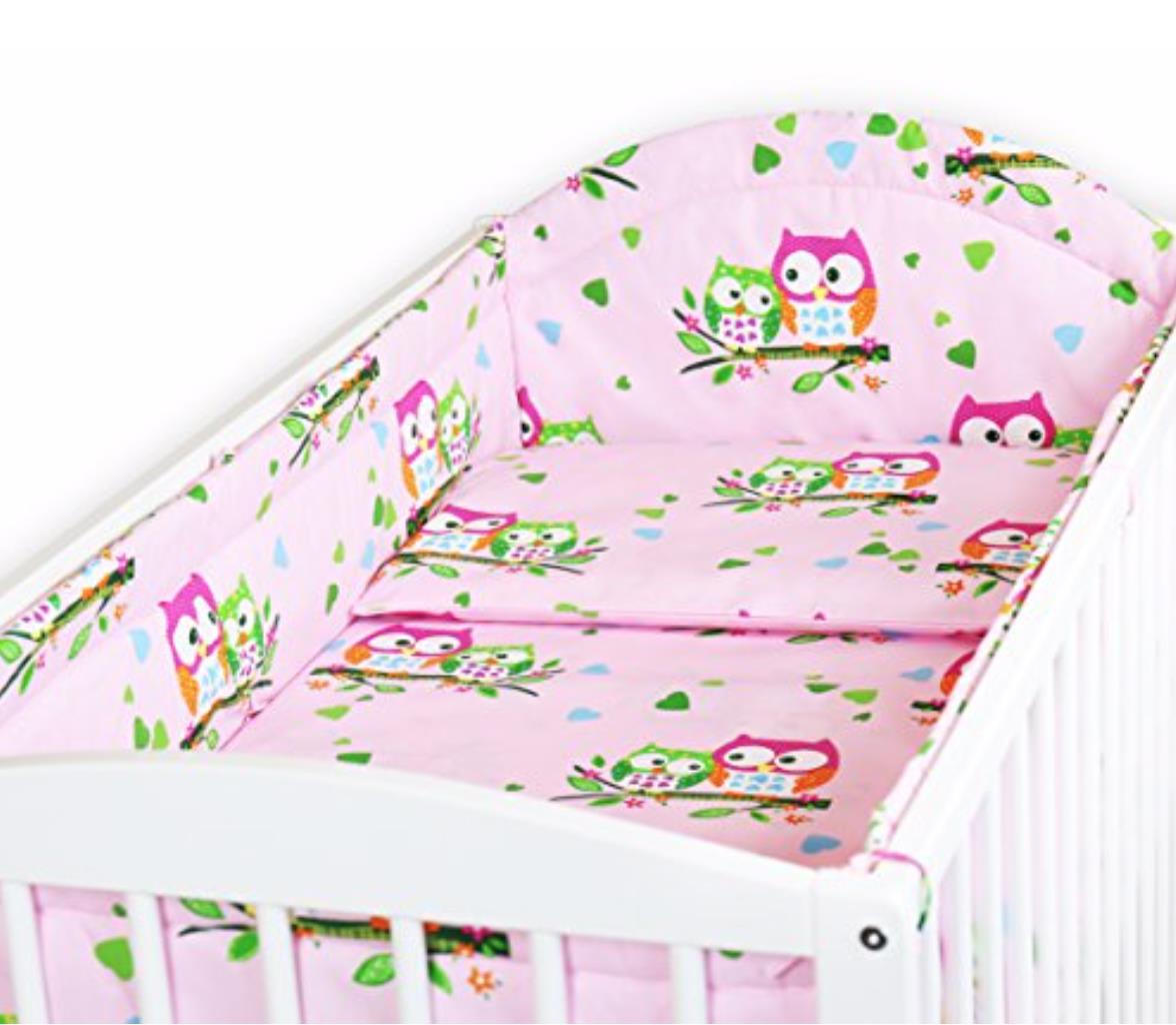 Padded Bumper To Fit Baby Cot Bed All-Round Cotton 420cm Owls Pink
