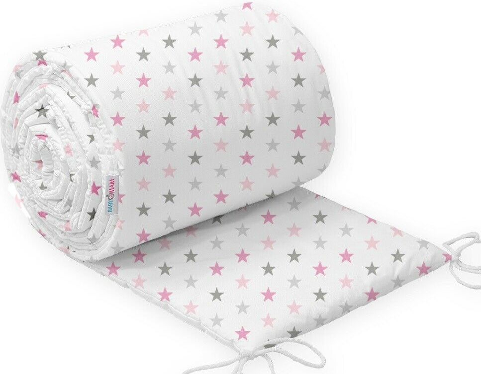 Baby padded bumper 180cm fit COT 100% Cotton Grey pink stars