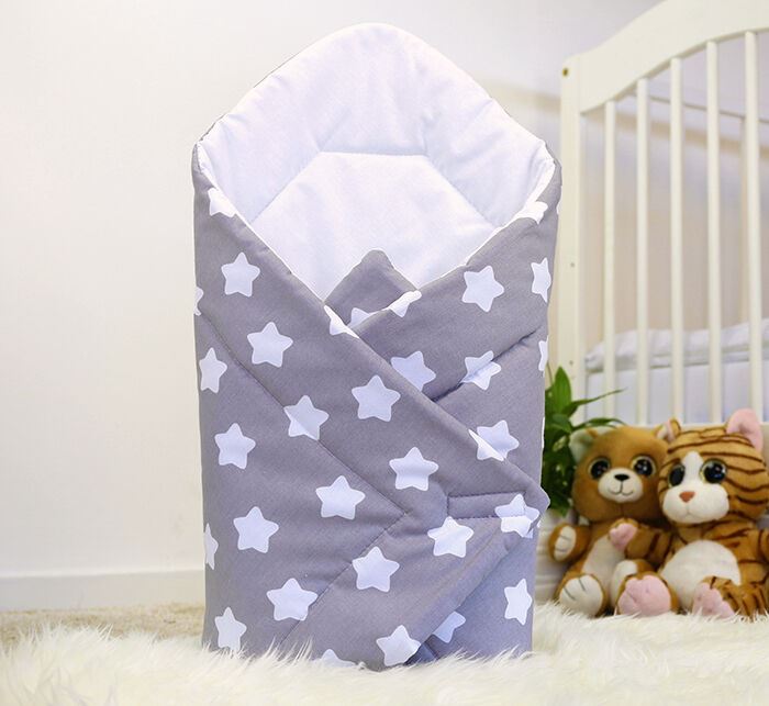 Baby Swaddle Wrap Newborn Bedding Blanket 100% Cotton Sleeping Bag Big White Stars On Grey