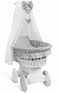 White Wicker Moses Basket with Wheels Baby+full Bedding Set Small white stars on grey - MyHappy Baby