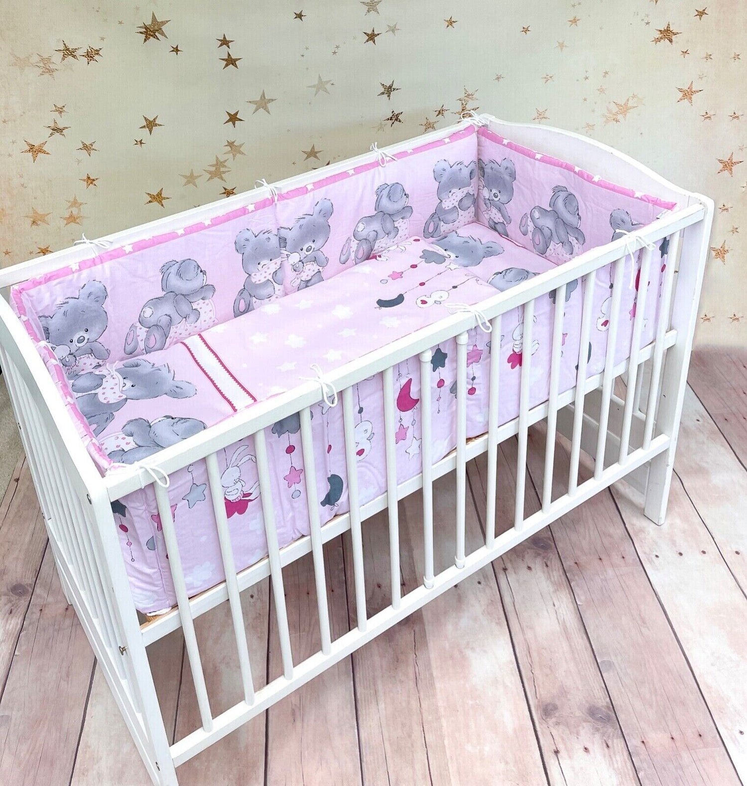 Baby Bedding Set 3pc Cotton All-round Straight Bumper fit Cot Cuddle Bear Pink