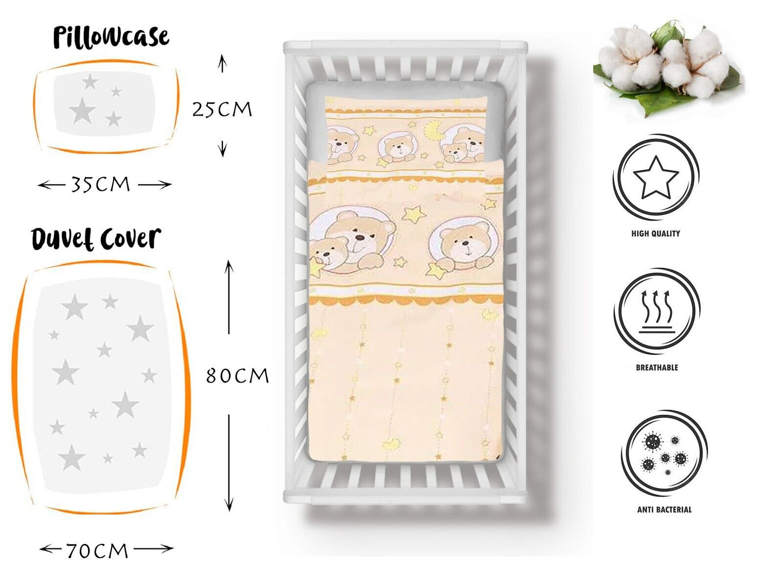 2pc Baby Bedding Set fit Crib/Cradle/Moses basket Cotton 70x80cm Window cream
