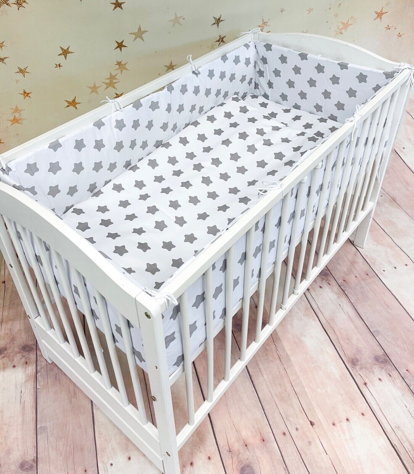 Baby Bedding Set 6pc bumper all around Cotton to Fit Cot 120x60cm Big Grey Stars