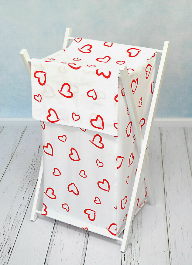 White frame laundry basket with removable linen Red Hearts On White