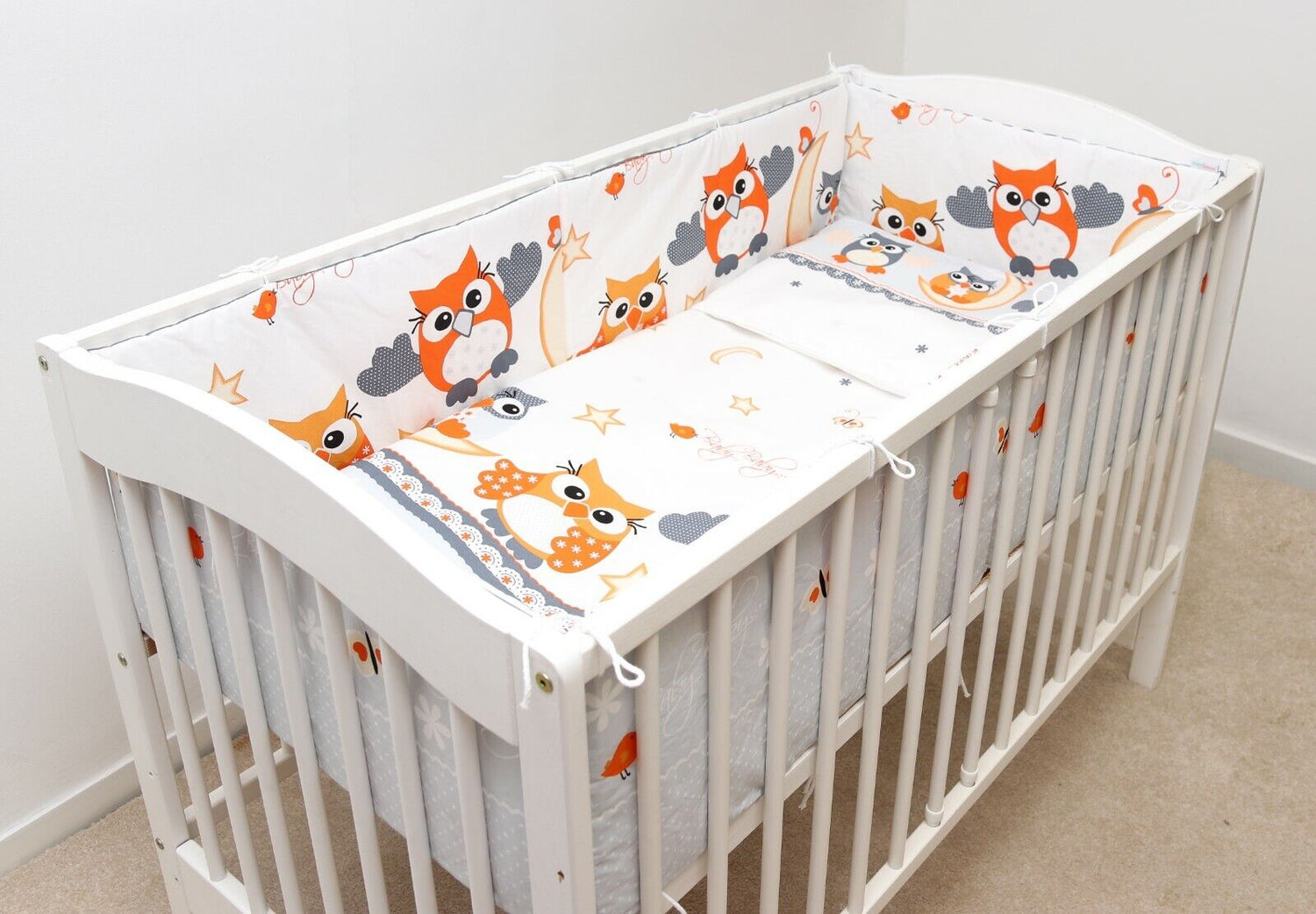 Baby Bedding Set 6pc All-round Bumper Fit Cot 120x60 Owls moon grey