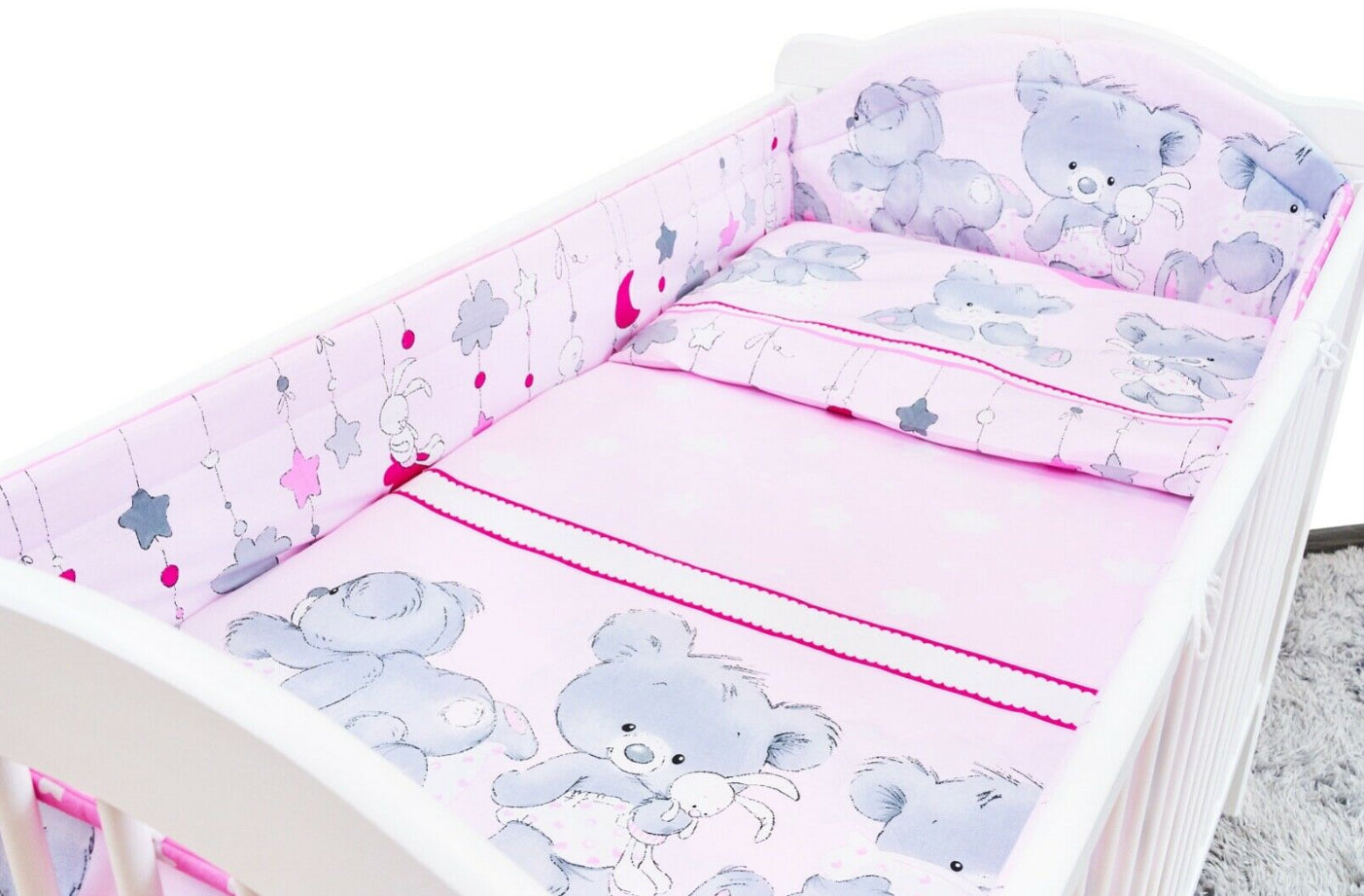Padded Bumper To Fit Baby Cot Bed All-Round Cotton 420cm Cuddle Bear Pink