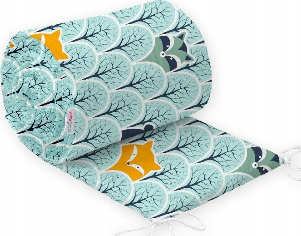Padded Bumper To Fit Baby Cot Bed All-Round Cotton 420cm Fox In Forest Turquoise