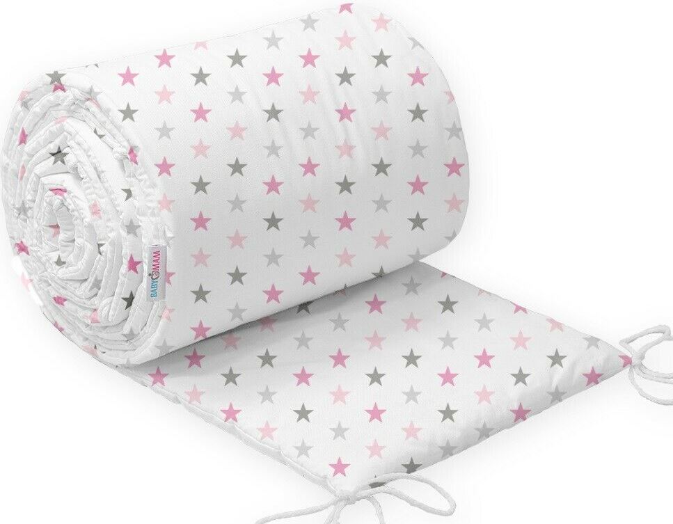 Padded Bumper To Fit Baby Cot Bed All-Round Cotton 420cm Pink Grey Stars