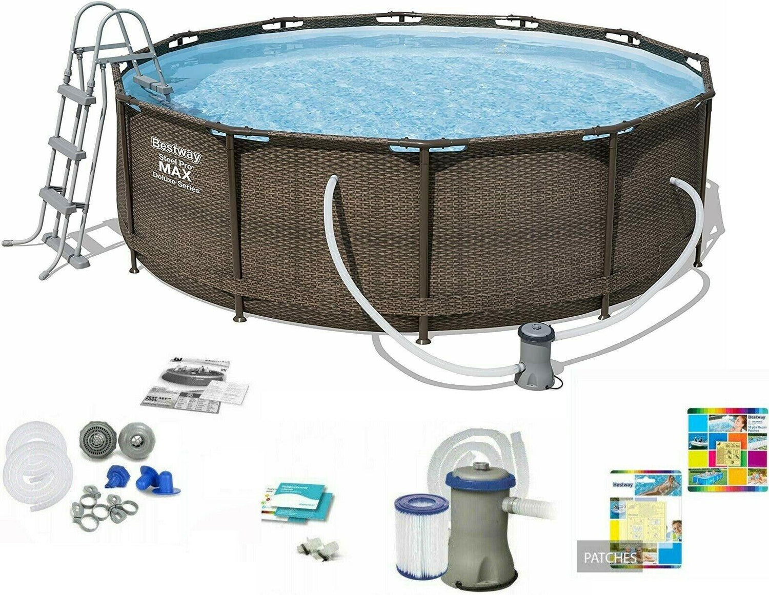 Bestway 12Ft Swimming Pool Steel Rattan Round Above Ground Garden 366 X 100cm