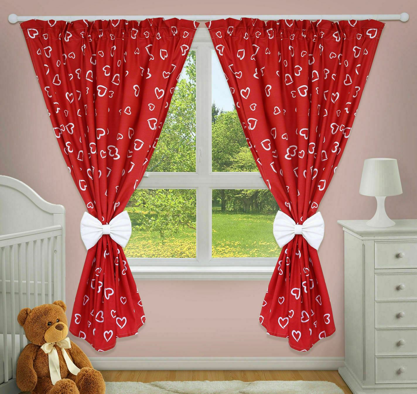 Nursery Curtains for Babies & Toddler's Bedroom White hearts on red