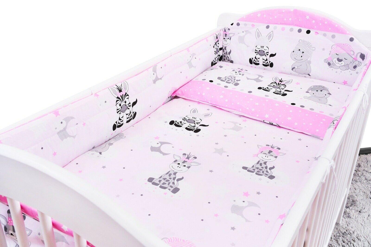 Padded Bumper To Fit Baby Cot Bed All-Round Cotton 420cm Sweet Animals Pink
