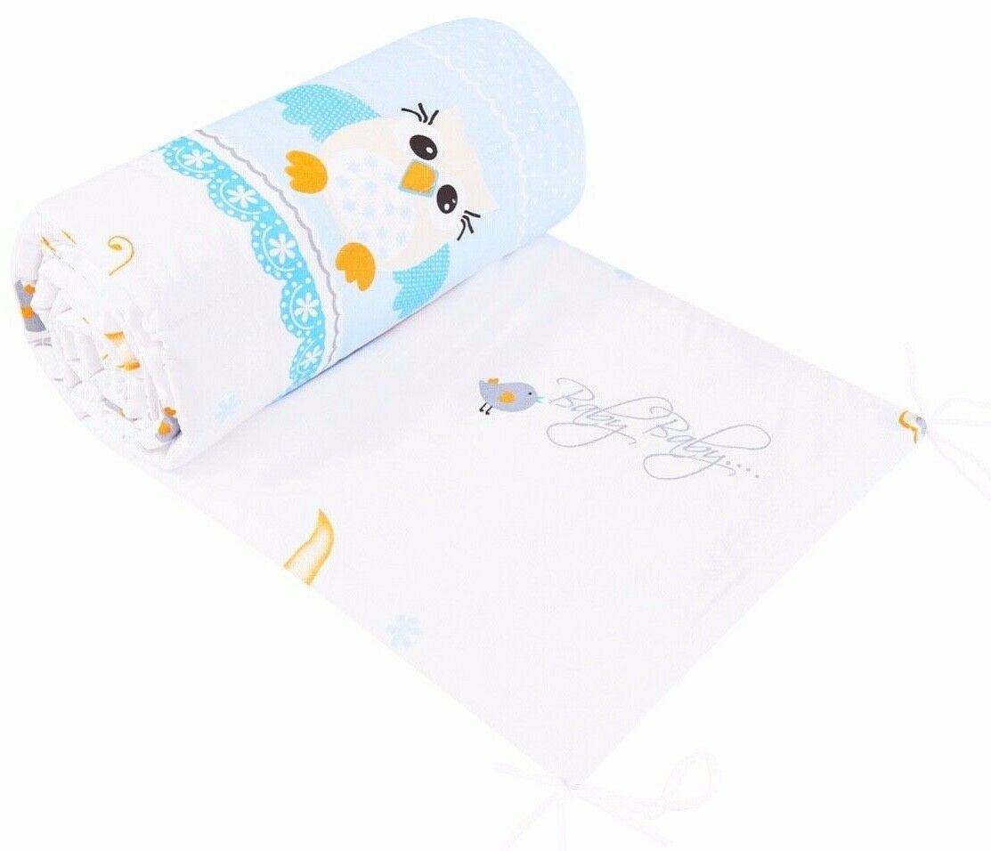 Padded Bumper To Fit Baby Cot Bed All-Round Cotton 420cm Owls Moon Blue