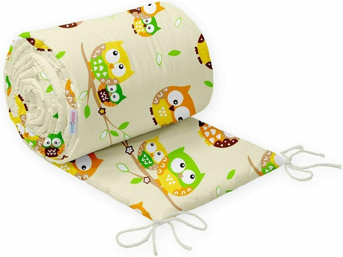 Baby Padded Bumper 100% Cotton To Fit Crib All Round 260cm Owls Cream