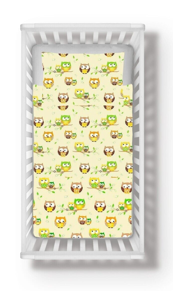 Baby Bedding Set 4pc Cotton 120x90cm Fit Cot Owls Yellow