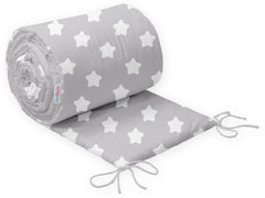 Baby Padded Bumper 100% Cotton To Fit Crib All Round 260cm Big White Stars On Grey - MyHappy Baby