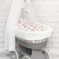 Moses Wicker Basket Full Set Bedding Set Canopy Grey/Red hearts on white dimple