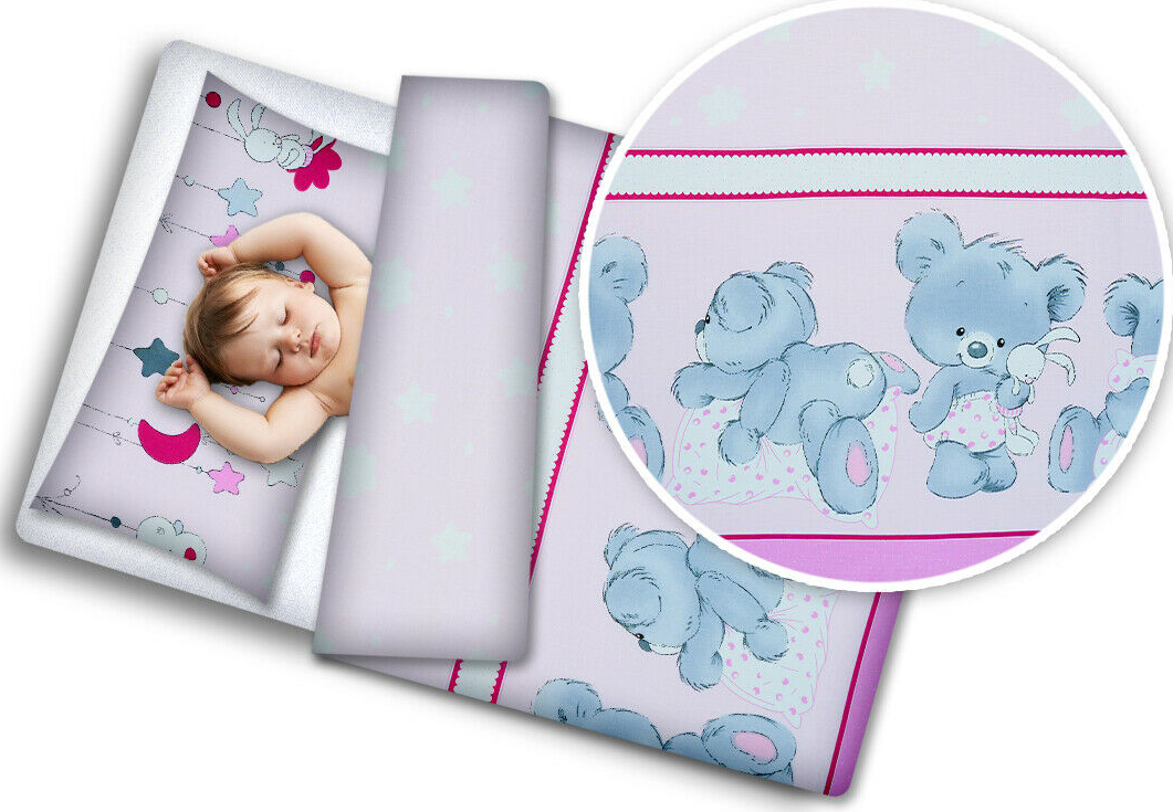 Baby Bedding Set 3pc Cotton All-round Straight Bumper fit Cot Cuddle Bear Pink