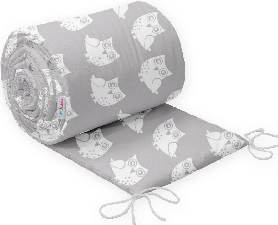 Padded Bumper To Fit Baby Cot Bed All-Round Cotton 420cm Owls Grey
